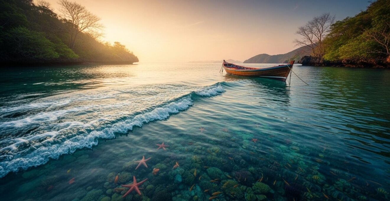 Bateau seul au mouillage dans une crique paisible au printemps avec lumière douce et faune marine visible