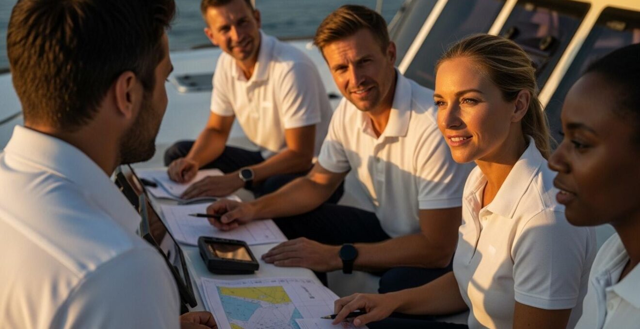 Photo d'un équipage professionnel en pleine discussion stratégique sur un catamaran de luxe