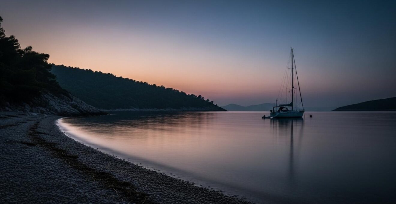 Crique sauvage paisible au crépuscule avec un voilier calme illustrant le respect du silence et de la nature