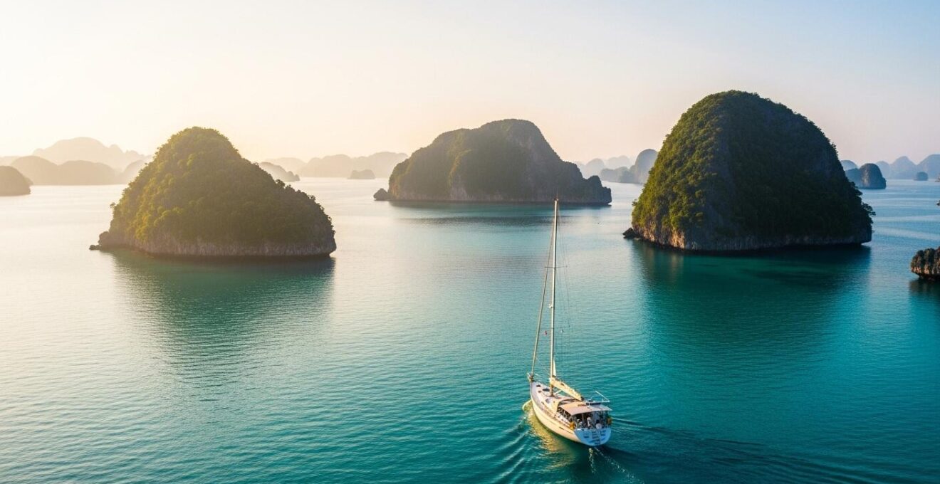 Bateau de voile naviguant dans un archipel isolé au coucher du soleil, entouré d'îles luxuriantes et eaux turquoise.