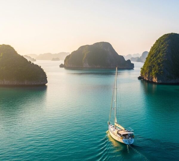 Bateau de voile naviguant dans un archipel isolé au coucher du soleil, entouré d'îles luxuriantes et eaux turquoise.