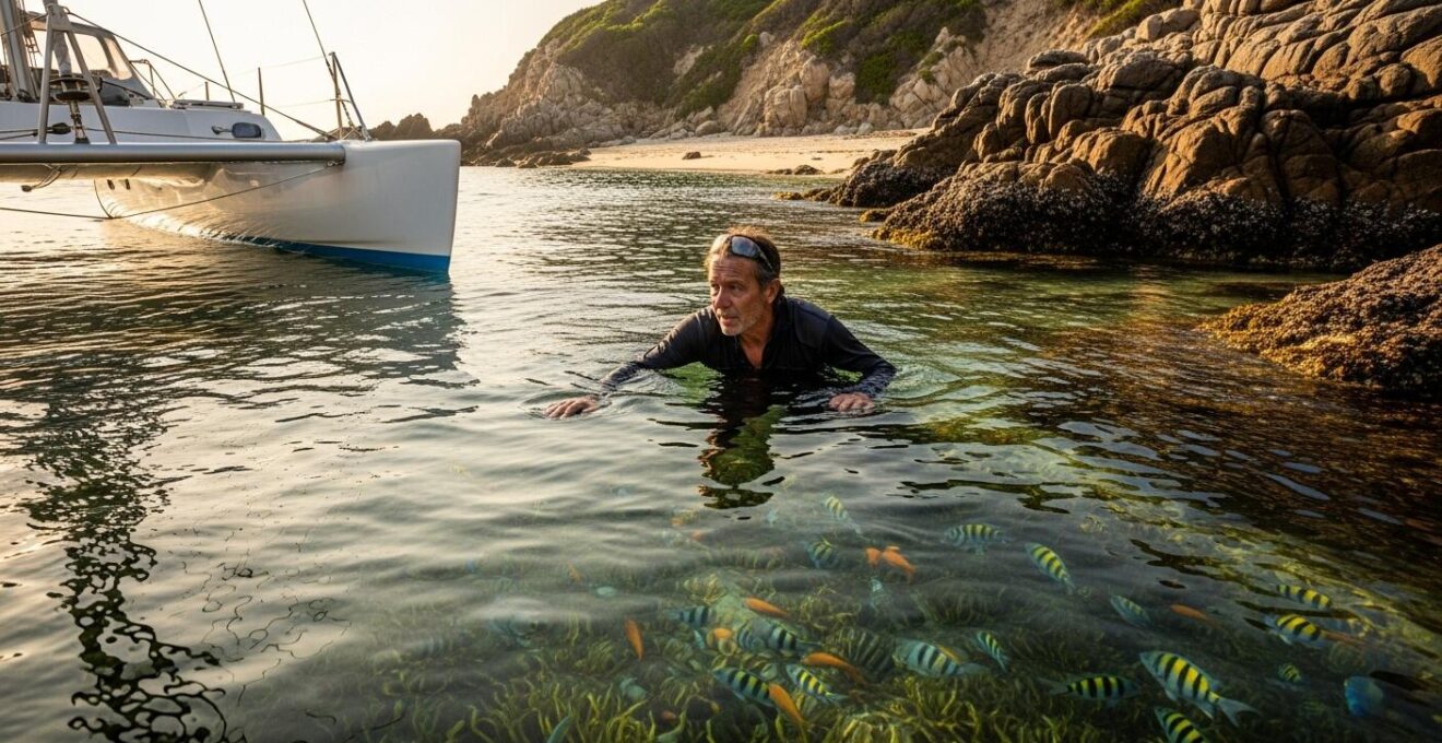 Un catamaran naviguant très près des rochers et herbiers marins dans des eaux peu profondes, capturant la délicatesse de la navigation côtière