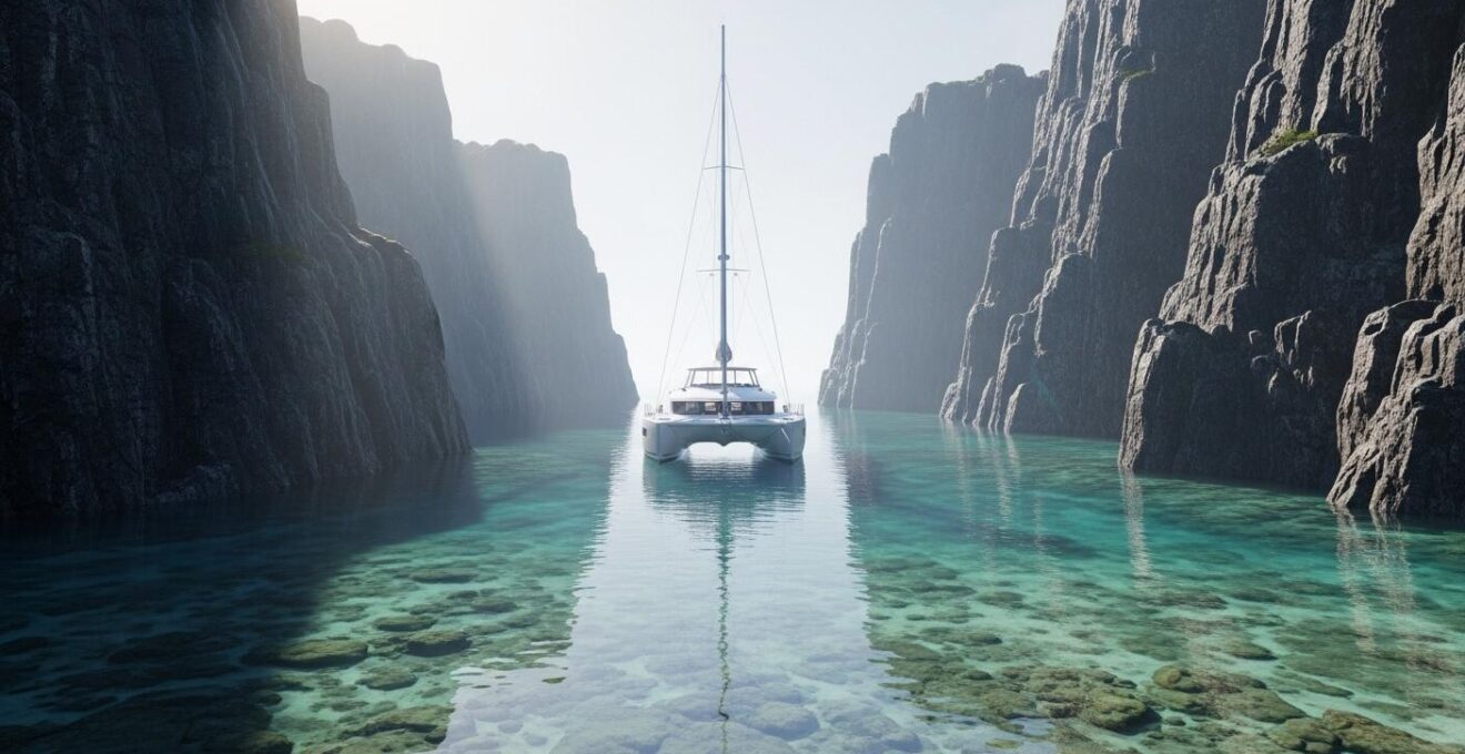 Un catamaran abrité dans une crique secrète protégée par des falaises et des eaux calmes peu profondes