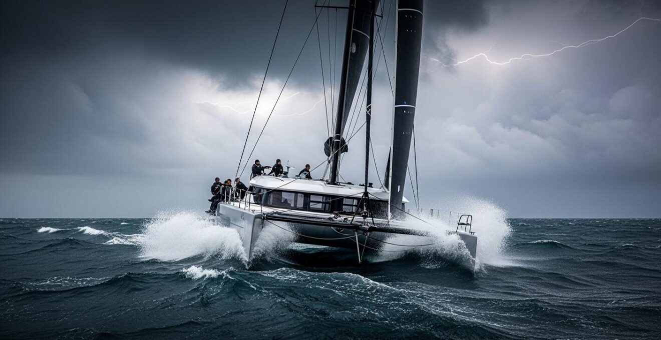 Catamaran affrontant une mer agitée sous ciel orageux, illustrant la maîtrise du bateau face aux vagues puissantes