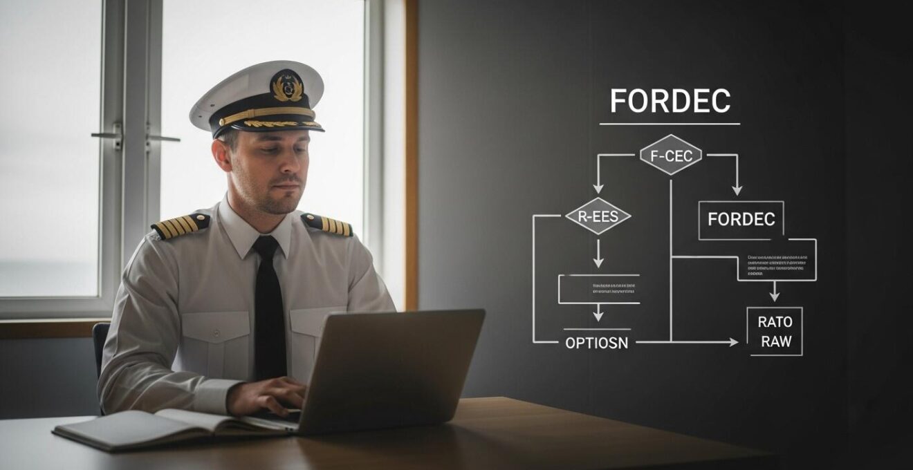 Illustration conceptuelle du protocole FORDEC appliqué à une situation de gestion de crise en mer sur un bateau