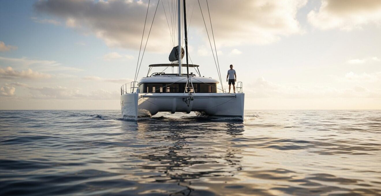 Catamaran en mer au large sous un ciel lumineux avec un navigateur contemplant l'horizon, symbolisant la traversée et le rêve nautique