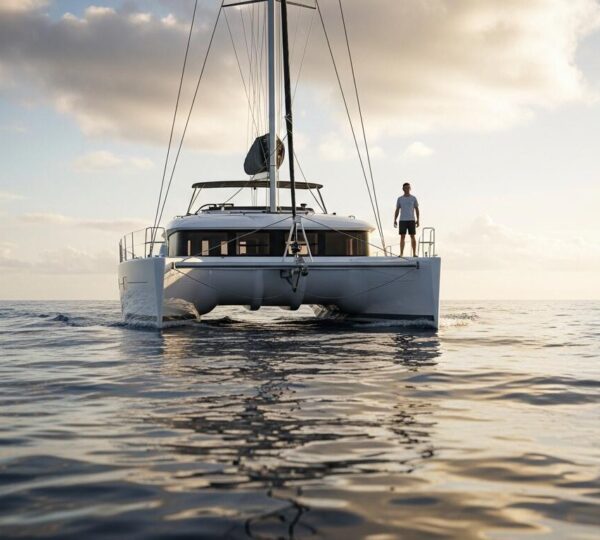 Catamaran en mer au large sous un ciel lumineux avec un navigateur contemplant l'horizon, symbolisant la traversée et le rêve nautique