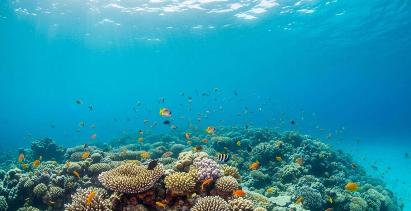 Plongée sous-marine dans un lagon coloré avec bancs de poissons tropicaux et coraux vibrants.