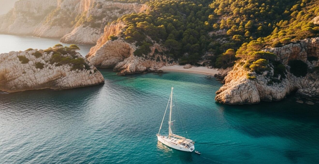 Bateaux naviguant vers une crique isolée au coucher du soleil entre falaises escarpées et eau turquoise limpide