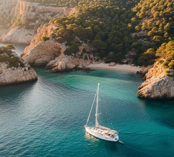 Bateaux naviguant vers une crique isolée au coucher du soleil entre falaises escarpées et eau turquoise limpide