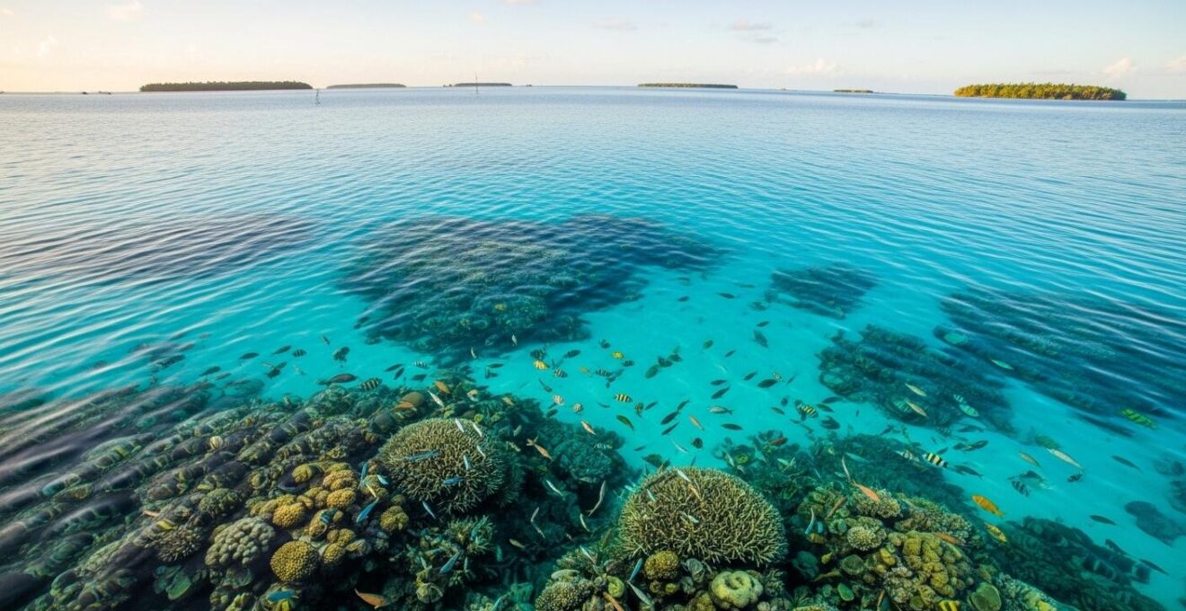 Vue panoramique d'un lagon aux eaux turquoise cristallines avec récif corallien visible et faune marine sous-marine