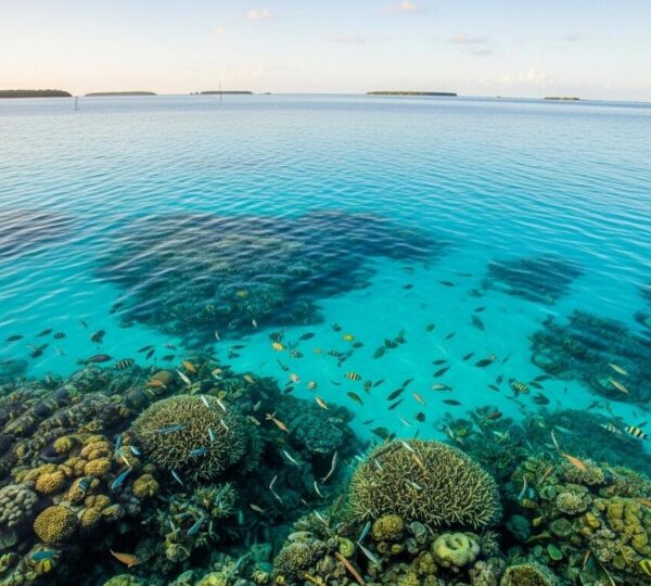 Vue panoramique d'un lagon aux eaux turquoise cristallines avec récif corallien visible et faune marine sous-marine