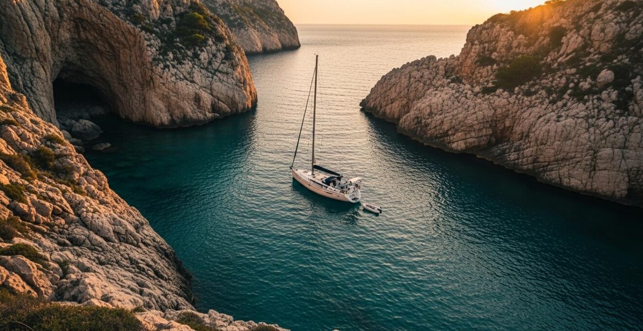 Un voilier en cala isolée, au coucher de soleil, illustrant un mouillage secret dans un cadre naturel et sauvage