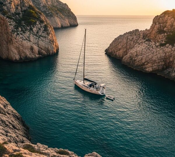 Un voilier en cala isolée, au coucher de soleil, illustrant un mouillage secret dans un cadre naturel et sauvage