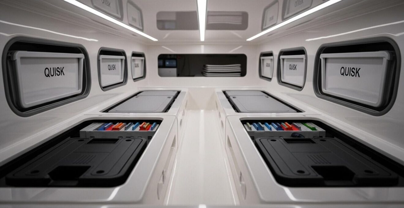 Détail d'un espace de rangement modulaire et optimisé à bord d'un catamaran avec différents compartiments conçus pour chaque type d'objet