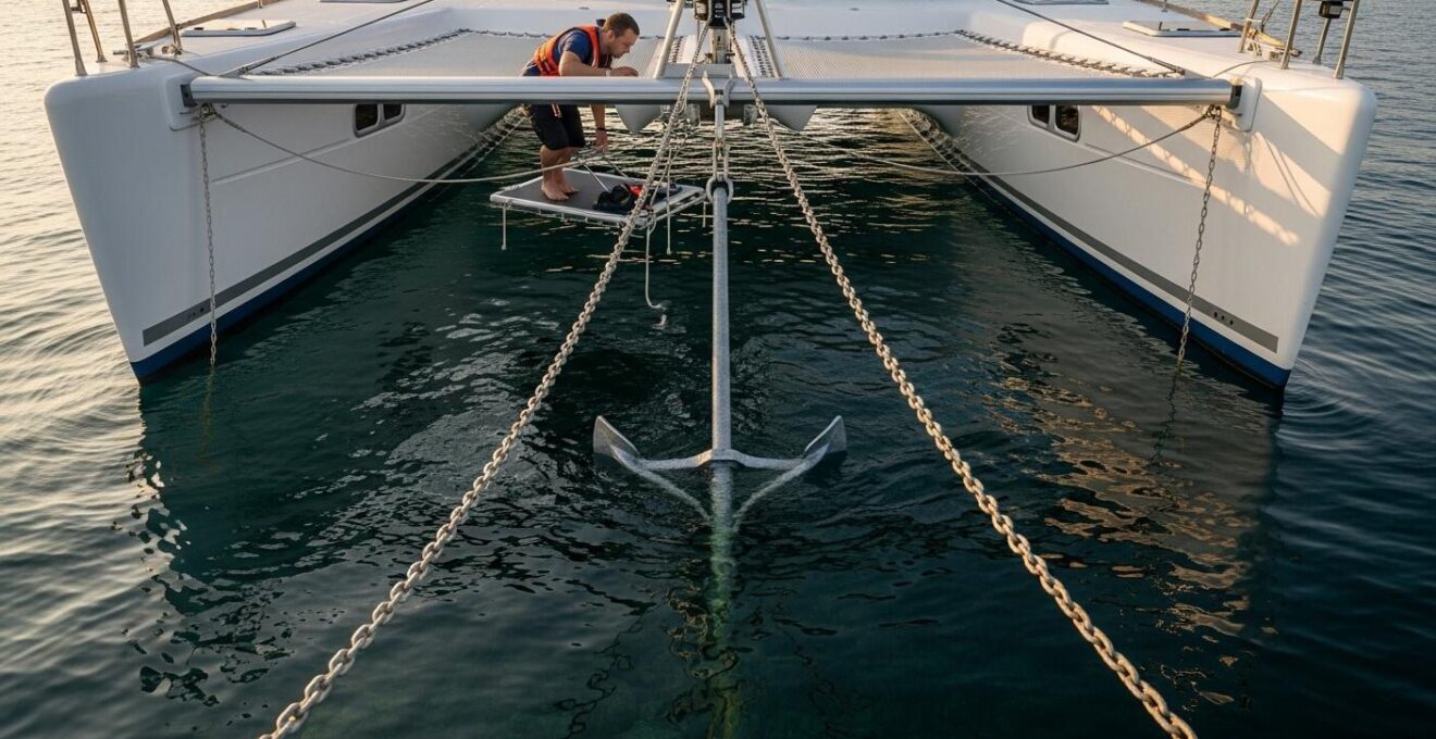 Vue en lumière dorée d'un catamaran au mouillage, mettant en scène le trampoline utilisé comme poste d'observation des fonds marins et le positionnement précis des ancres.