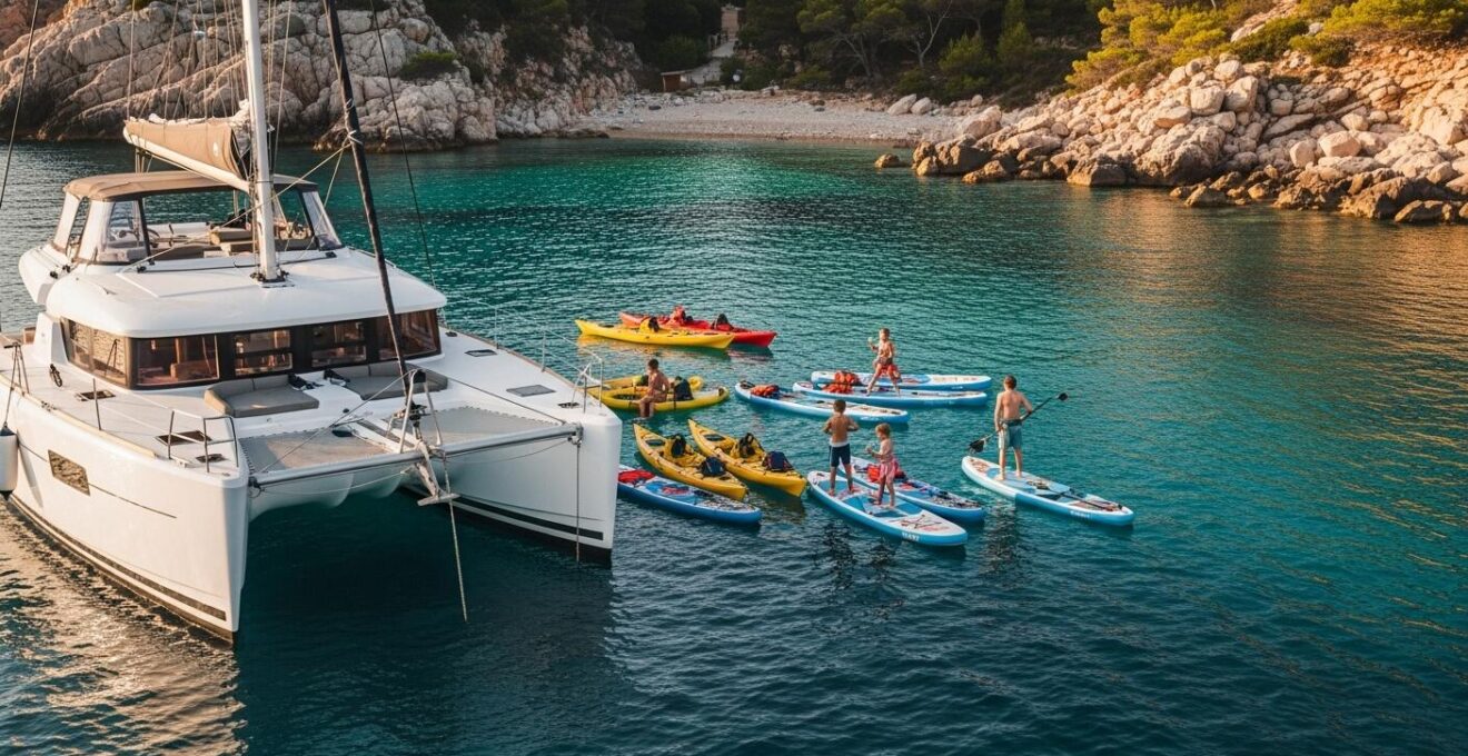 Vue panoramique d'un catamaran au mouillage proche d'une côte rocheuse ensoleillée avec kayak et paddle autour, ambiance calme et d'exploration