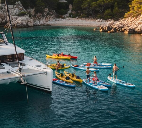 Vue panoramique d'un catamaran au mouillage proche d'une côte rocheuse ensoleillée avec kayak et paddle autour, ambiance calme et d'exploration