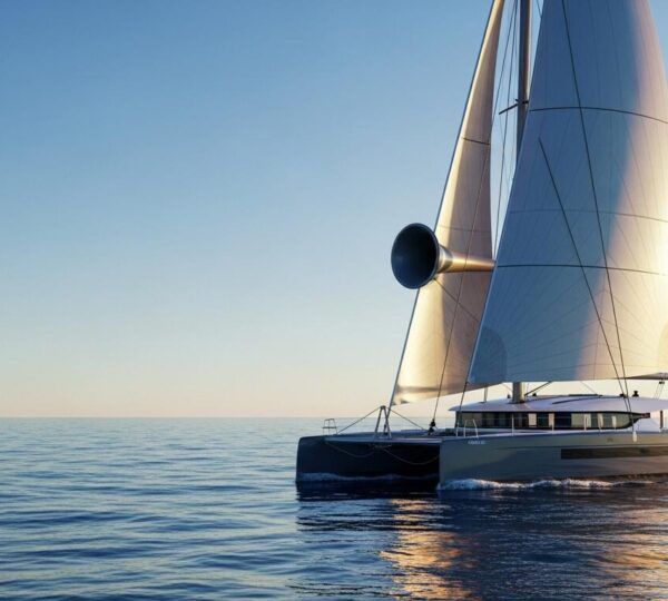 Catamaran moderne à voile avec un mât reculé et grand-voile à corne sous un ciel clair, illustrant la performance et la puissance du gréement à voile