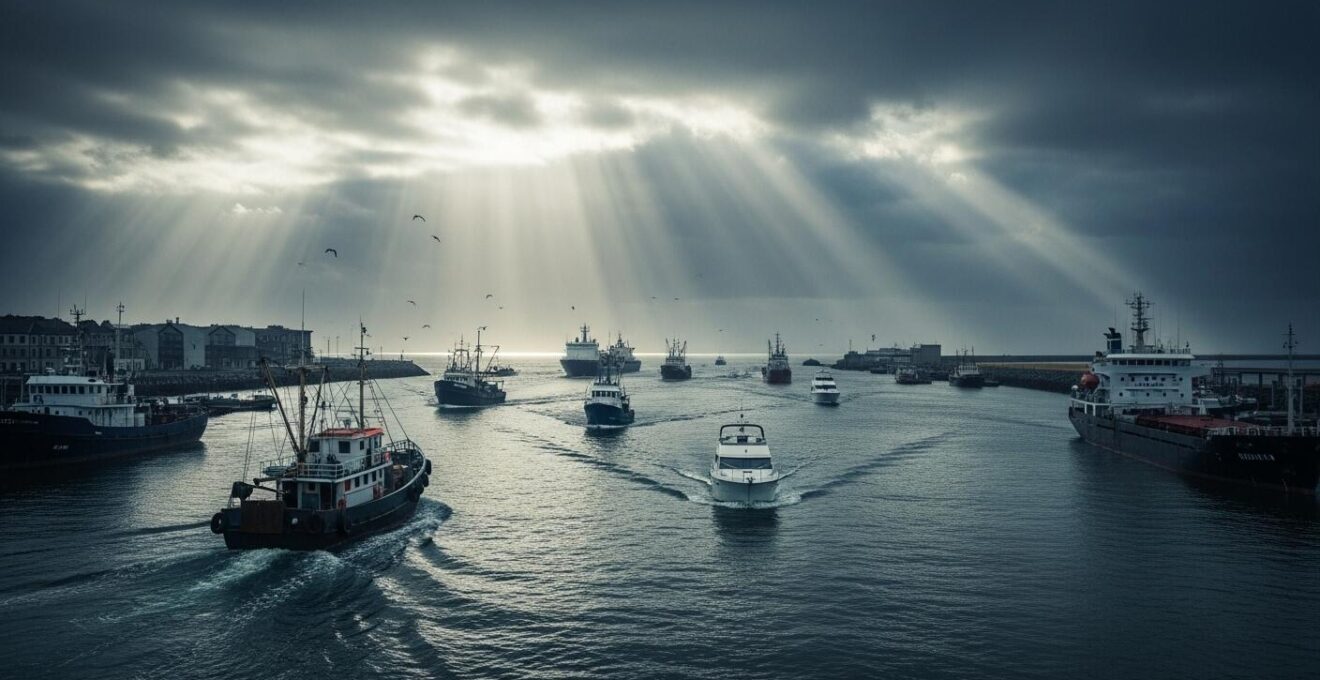 Vue panoramique d'un bateau naviguant en zone côtière avec différents types de navires à proximité sous un ciel dramatique