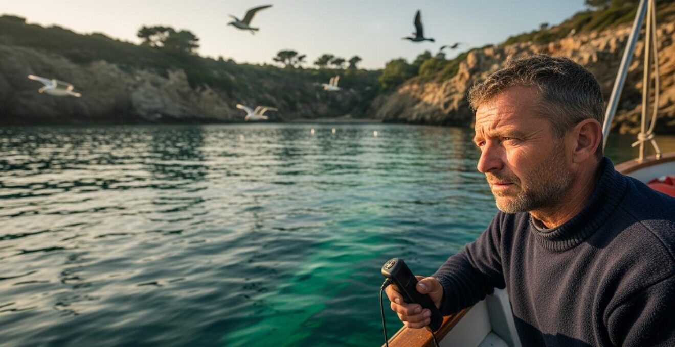 Navigateur observant la couleur de l'eau et le comportement des oiseaux marins pour un mouillage sûr