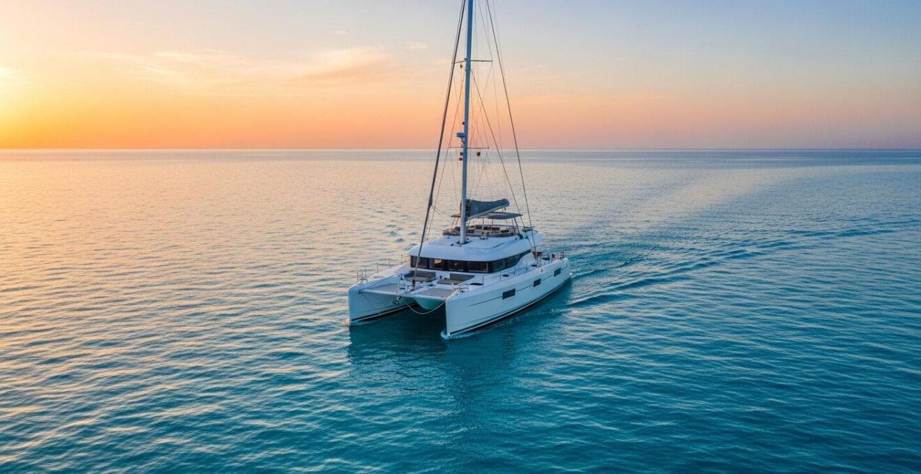 Catamaran de luxe naviguant sur une mer azurienne au coucher du soleil avec une ambiance de voyage privé et intime