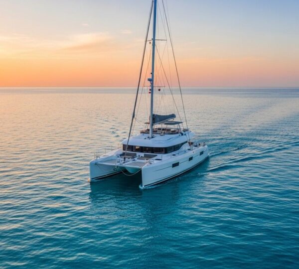 Catamaran de luxe naviguant sur une mer azurienne au coucher du soleil avec une ambiance de voyage privé et intime