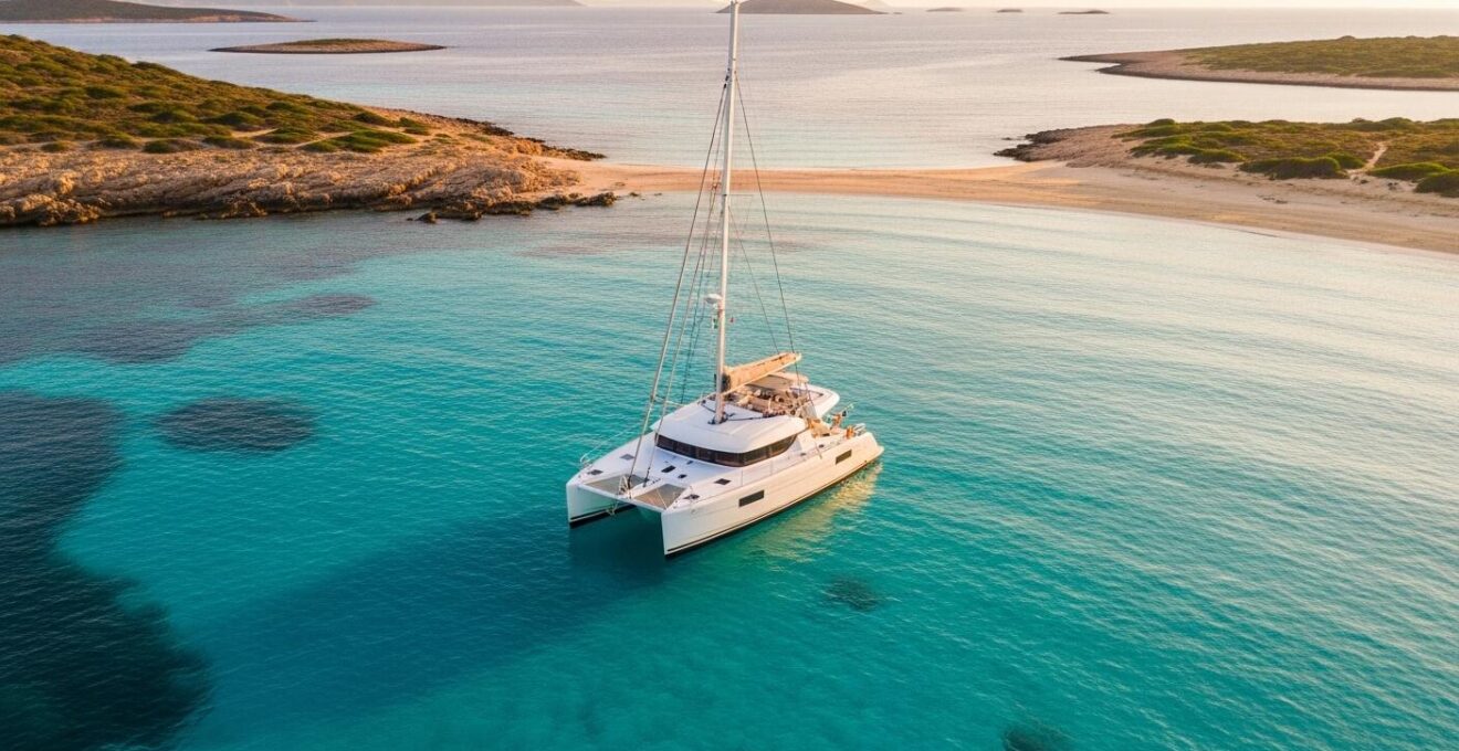 Un catamaran naviguant dans des eaux peu profondes, proche d'un récif et d'une plage isolée au coucher du soleil