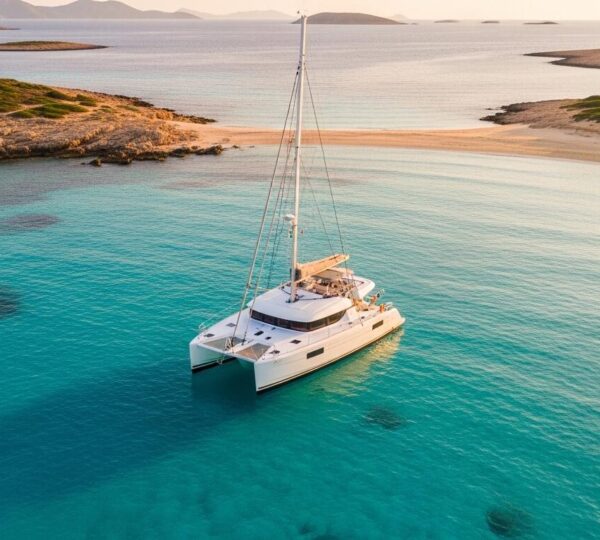 Un catamaran naviguant dans des eaux peu profondes, proche d'un récif et d'une plage isolée au coucher du soleil