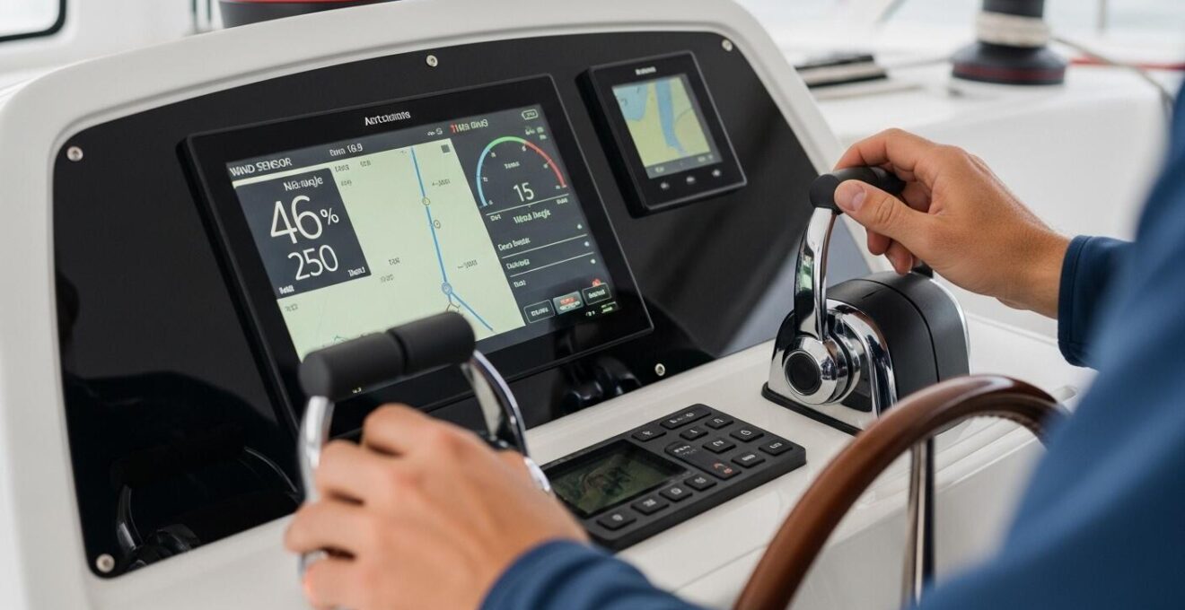 Un skipper interagissant avec un pilote automatique sur un catamaran, écran affichant les données de navigation en arrière-plan