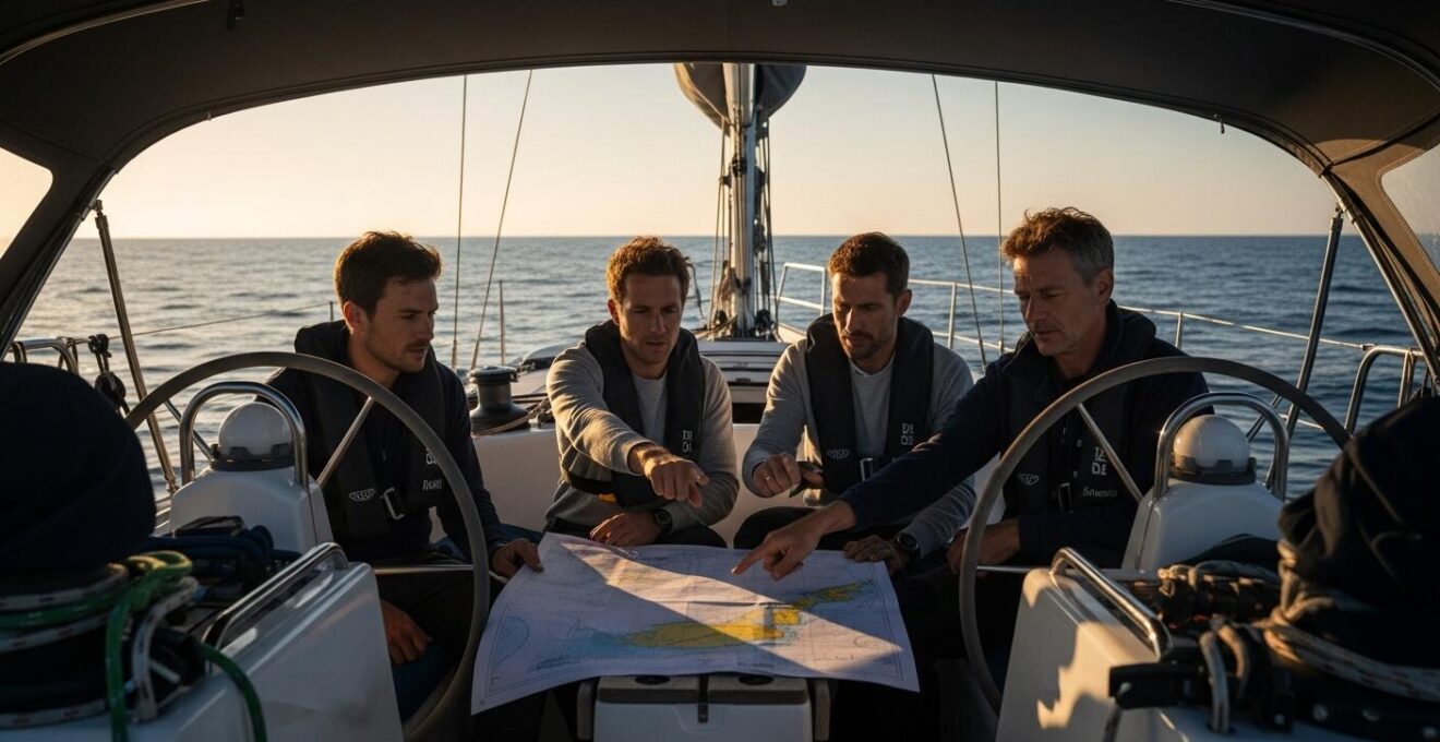 Bateau de croisière en mer avec équipage en pleine préparation du plan de navigation sous un ciel clair au lever du soleil