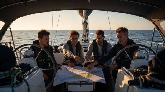 Bateau de croisière en mer avec équipage en pleine préparation du plan de navigation sous un ciel clair au lever du soleil