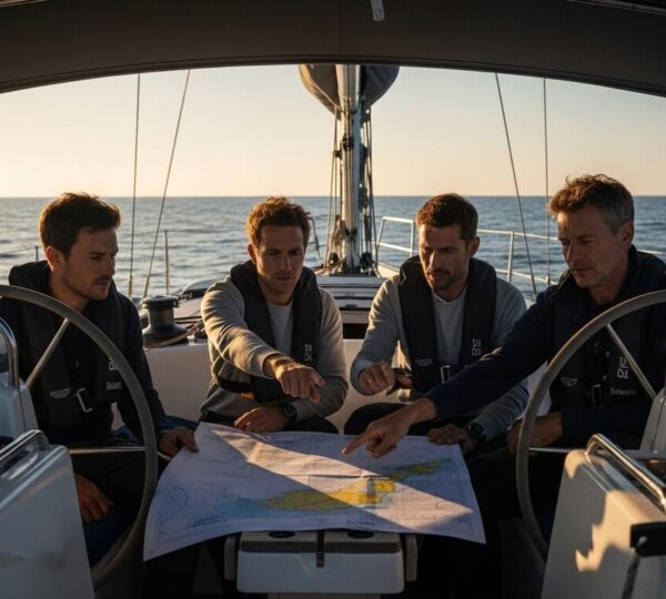 Bateau de croisière en mer avec équipage en pleine préparation du plan de navigation sous un ciel clair au lever du soleil