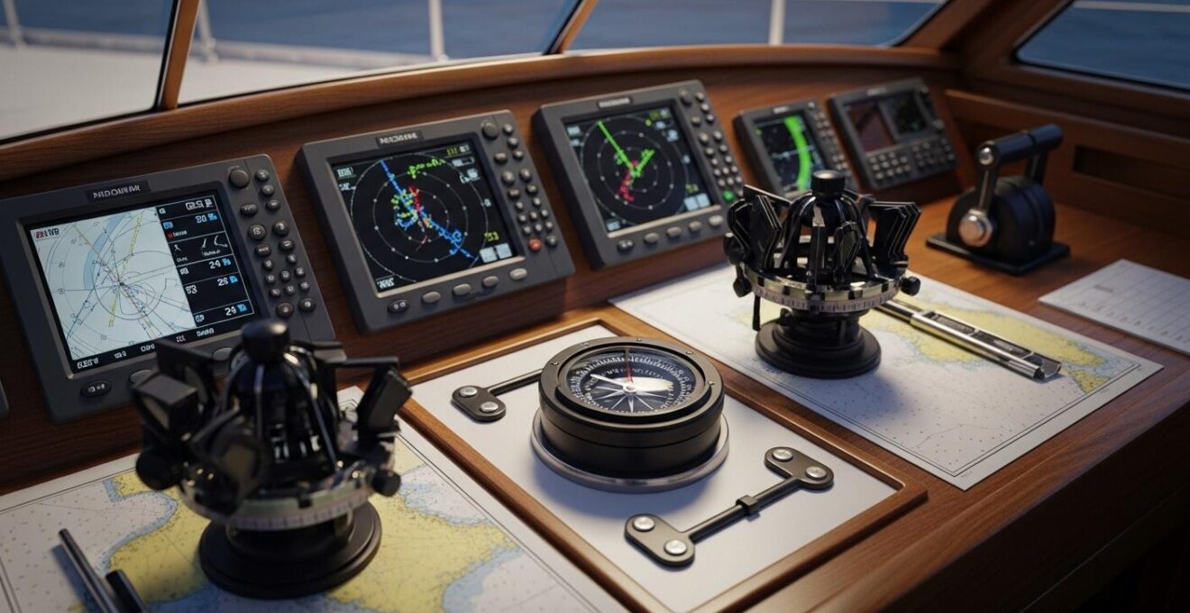Illustration symbolique d'une table de navigation avec systèmes électroniques doublés et outils traditionnels pour la redondance