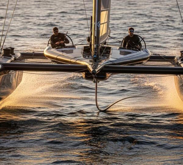 Un catamaran de course ultramoderne volant au-dessus de l'eau avec skippers concentrés et éléments de design innovants visibles