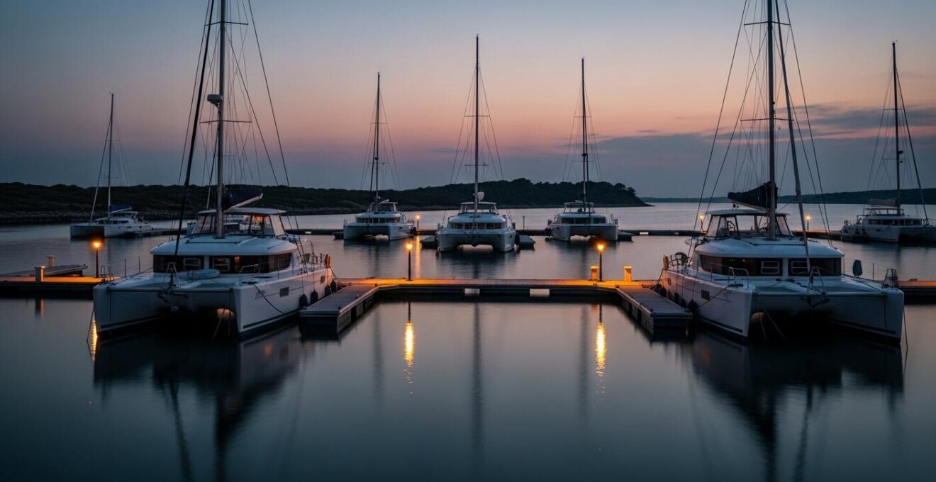 Vue calme d’un mouillage de catamarans au crépuscule avec éclairage tamisé et ambiance paisible