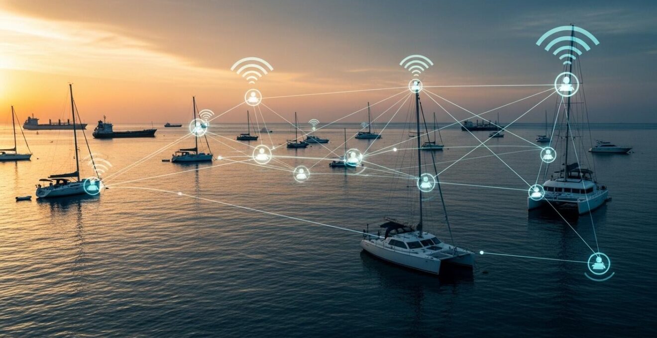 Vue panoramique d'une mer animée avec plusieurs bateaux équipés d'AIS affichés sur un écran de navigation, symbolisant le réseau social en mer