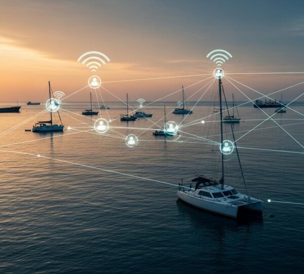 Vue panoramique d'une mer animée avec plusieurs bateaux équipés d'AIS affichés sur un écran de navigation, symbolisant le réseau social en mer