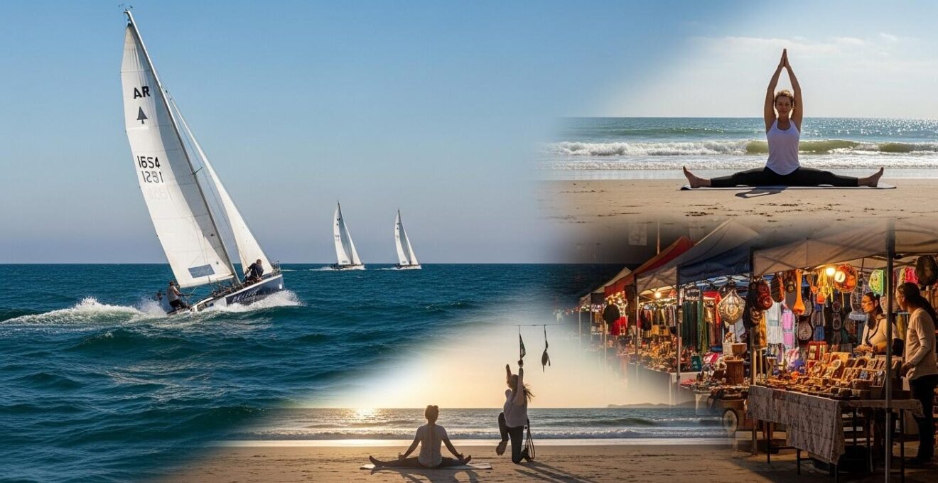 Composition artistique montrant l'alternance entre navigation active et moments de détente à terre et en mer