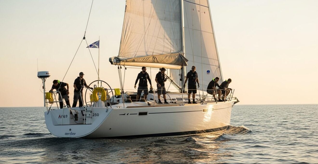 Vue épique d'un voilier en mer avec un équipage vigilant au lever du soleil, symbolisant la sécurité en mer comme un état d'esprit