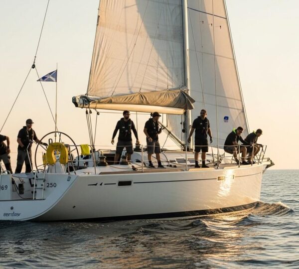 Vue épique d'un voilier en mer avec un équipage vigilant au lever du soleil, symbolisant la sécurité en mer comme un état d'esprit