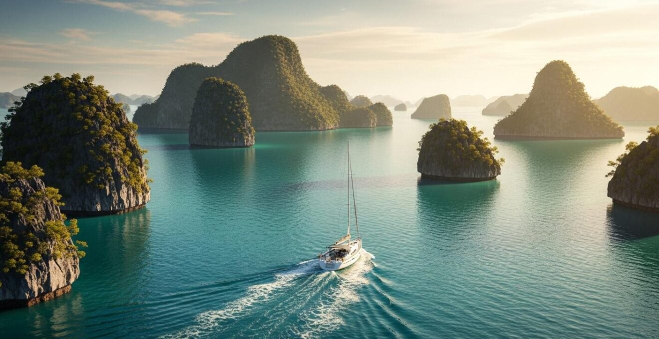 Voilier solitaire naviguant entre des îles isolées avec paysages sauvages et eaux calmes au coucher du soleil.