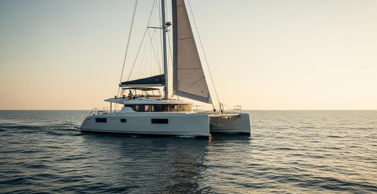 Un catamaran moderne naviguant en mer avec équipements technologiques intégrés, symbolisant la maîtrise du marin sur la technologie