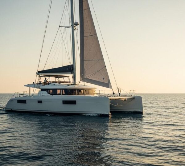Un catamaran moderne naviguant en mer avec équipements technologiques intégrés, symbolisant la maîtrise du marin sur la technologie