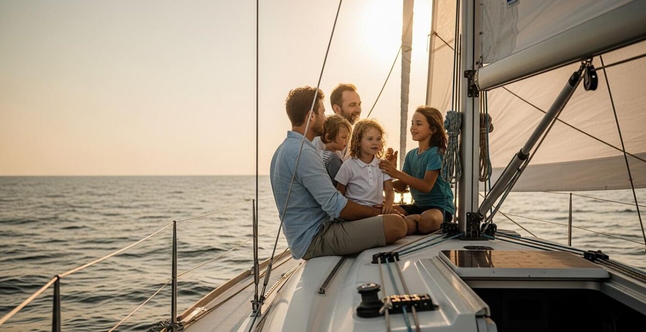 Une famille souriante sur un voilier au large, avec l'océan infini autour d'eux au coucher du soleil