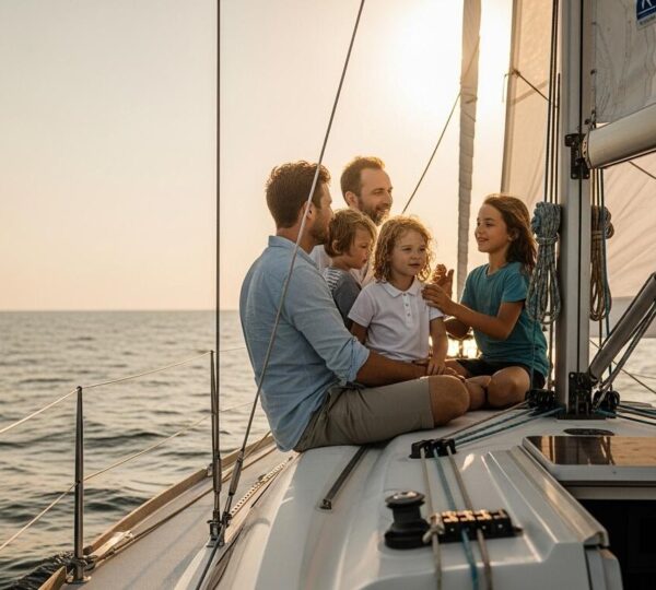 Une famille souriante sur un voilier au large, avec l'océan infini autour d'eux au coucher du soleil