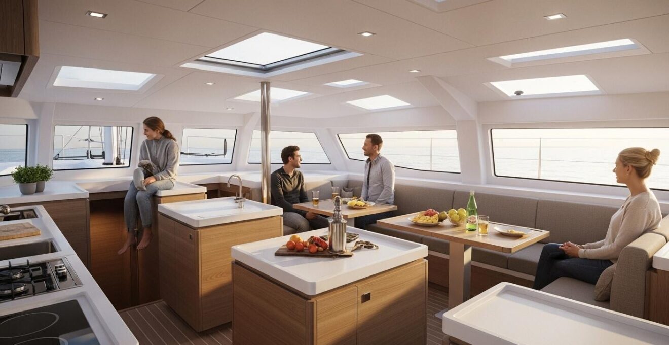 Vue intérieure illustrant la circulation fluide entre cuisine, carré et cockpit d'un catamaran moderne