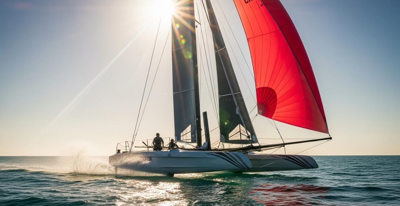 Catamaran en pleine vitesse avec voile Code 0 et gennaker déployés sous un ciel dégagé, illustrant la puissance et la rapidité