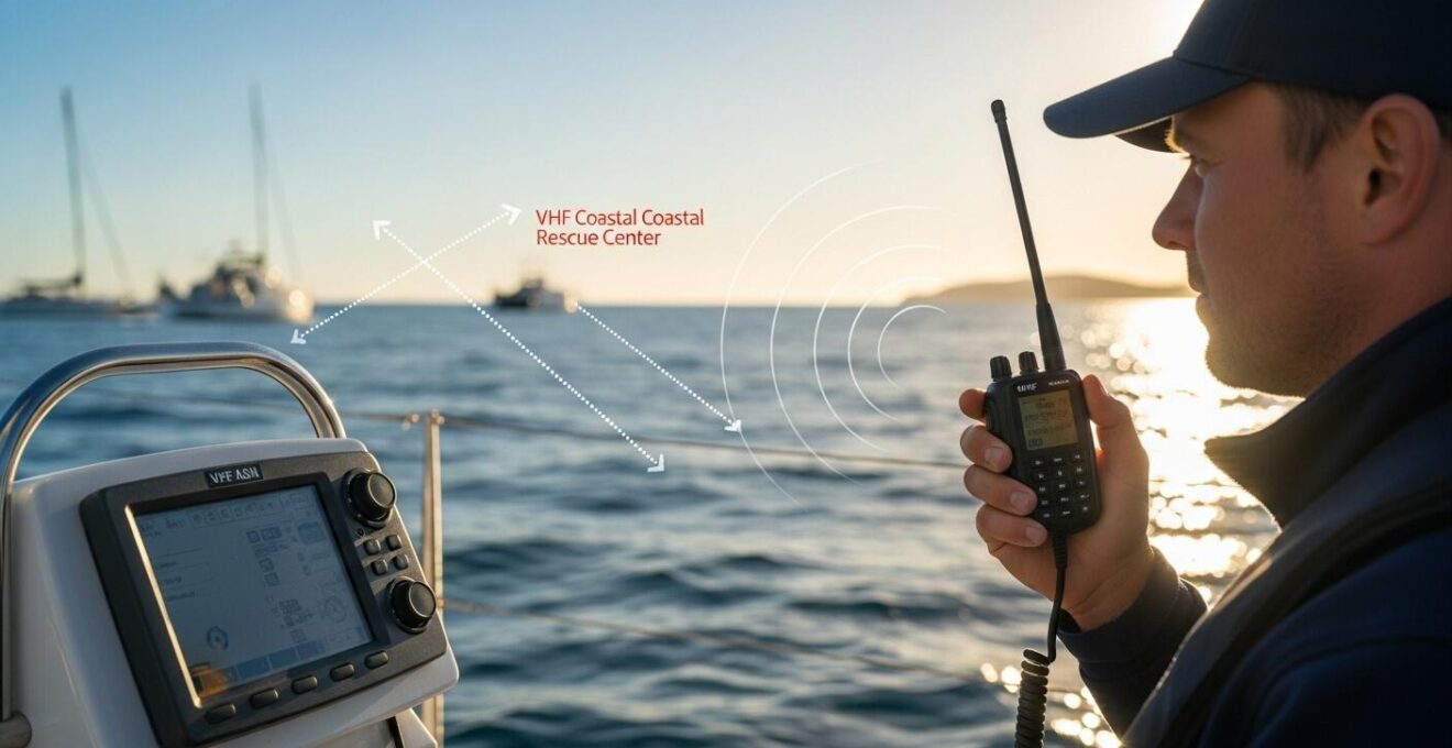 Un voilier moderne en mer avec un marin utilisant une radio VHF ASN, symbole de la communication efficace et sécurisée en mer