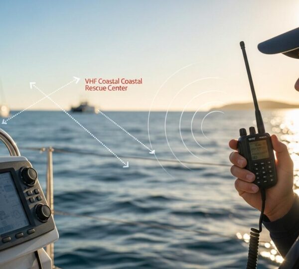 Un voilier moderne en mer avec un marin utilisant une radio VHF ASN, symbole de la communication efficace et sécurisée en mer